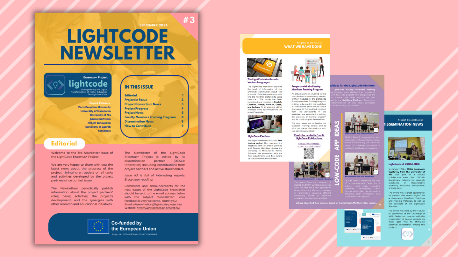 The picture shows the cover and 3 pages of the third Newsletter of the LightCode project.